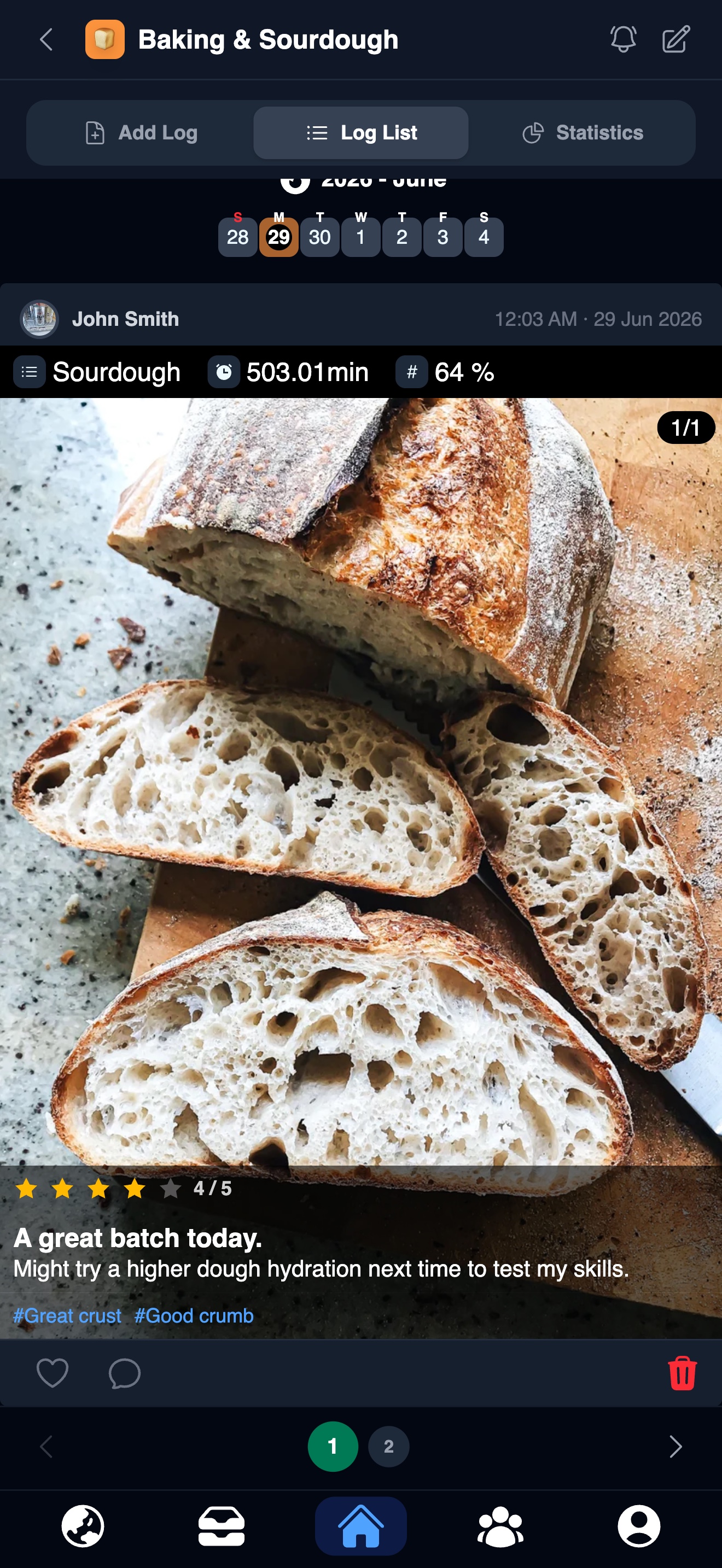 Baking & Sourdough log entry in Fixation