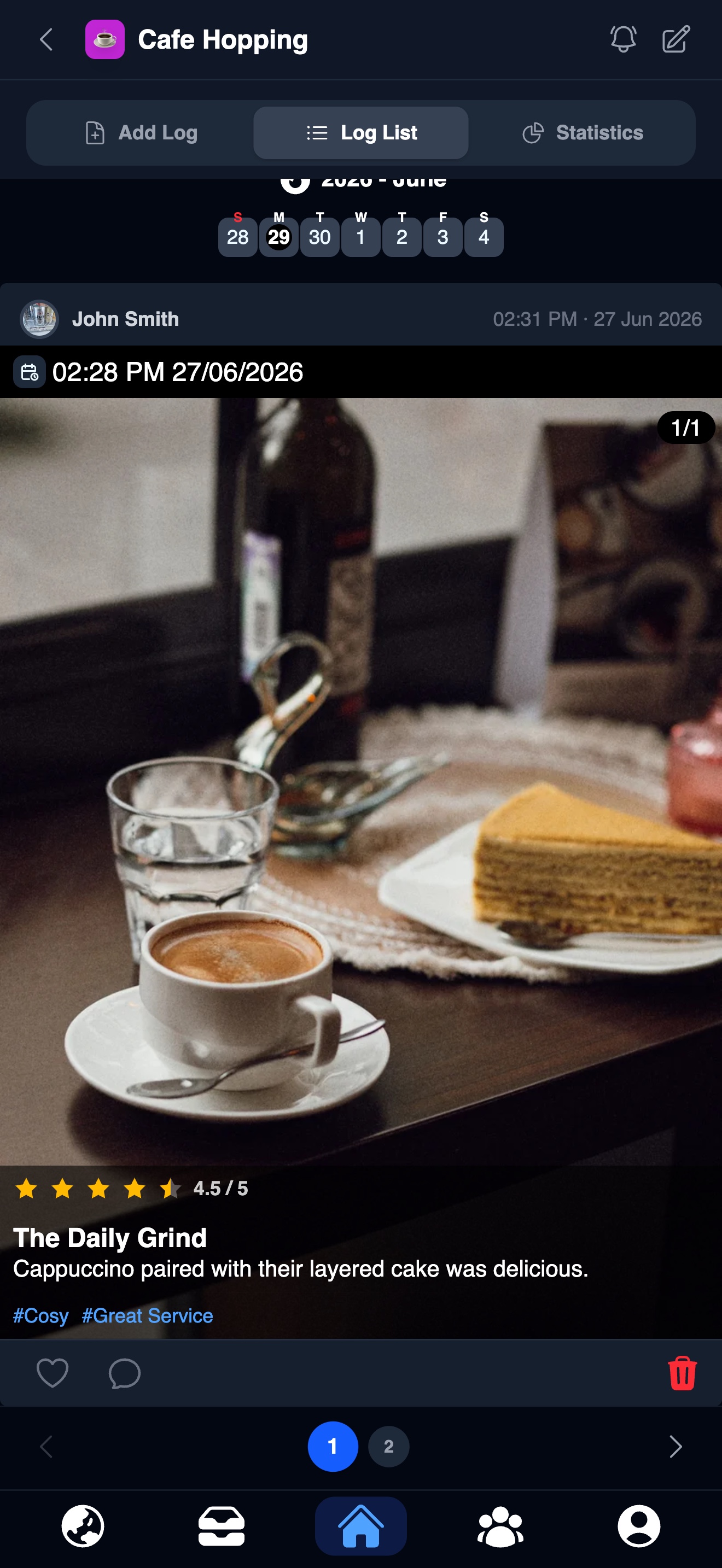 Cafe Hopping log entry in Fixation