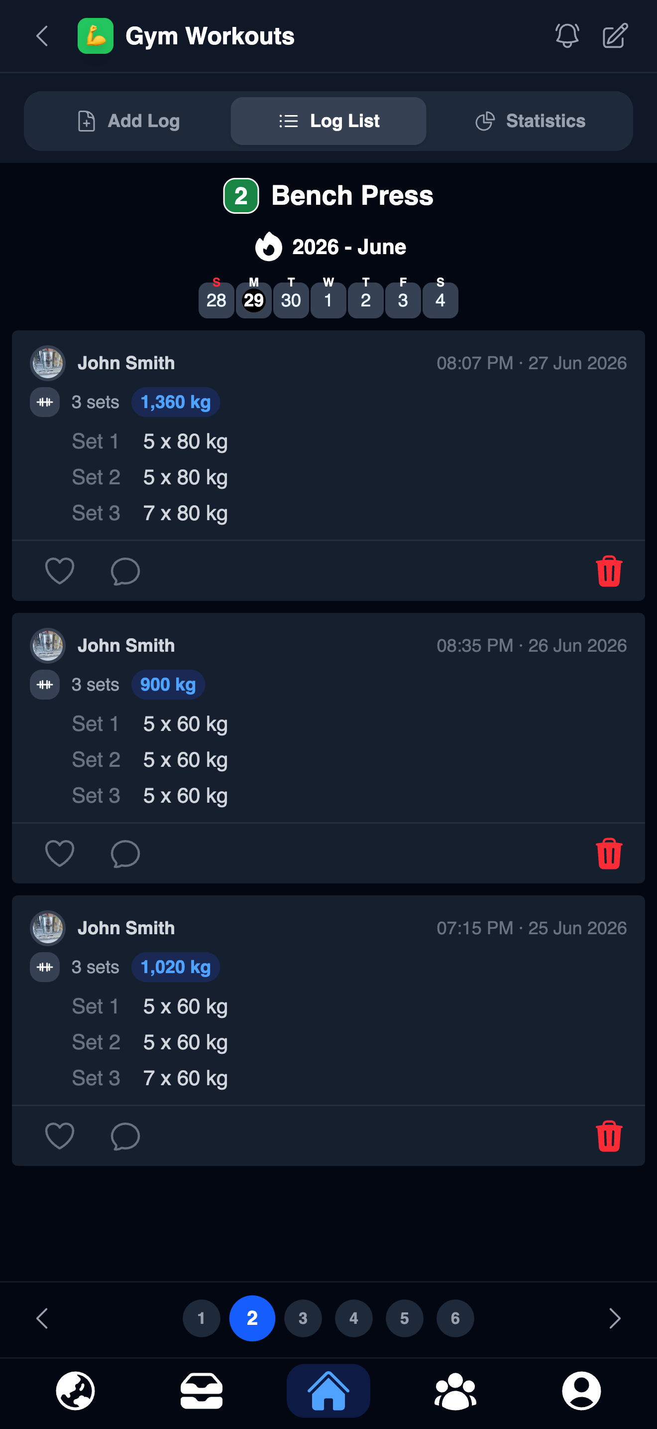 Gym Workouts log entry in Fixation